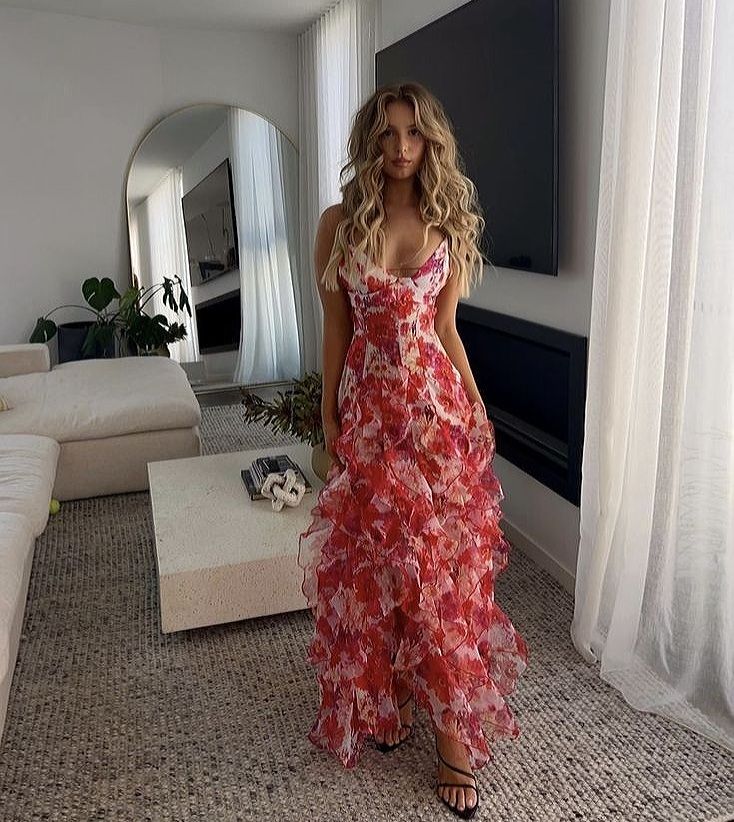 Hot Red Floral Print A-Line Backless Ruffle Long Chiffon Elegant Sexy Ball Gown Evening Dress Party Dress gh3185