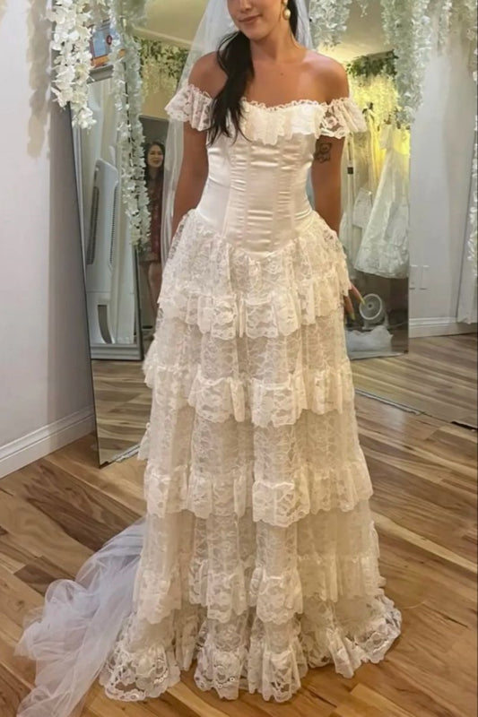 Girlhomeshops - Robe de mariée élégante, longue et délicate, en tulle blanc et dentelle (gh5837)
