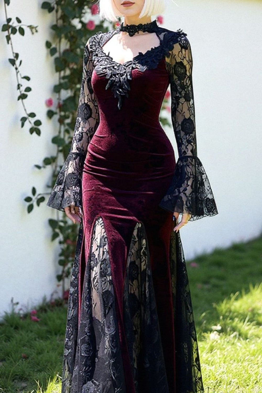 girlhomeshops-Burgunderrotes, langärmliges Gothic-Spitzenkleid aus Samt, Ballkleid, Abendkleid gh5813