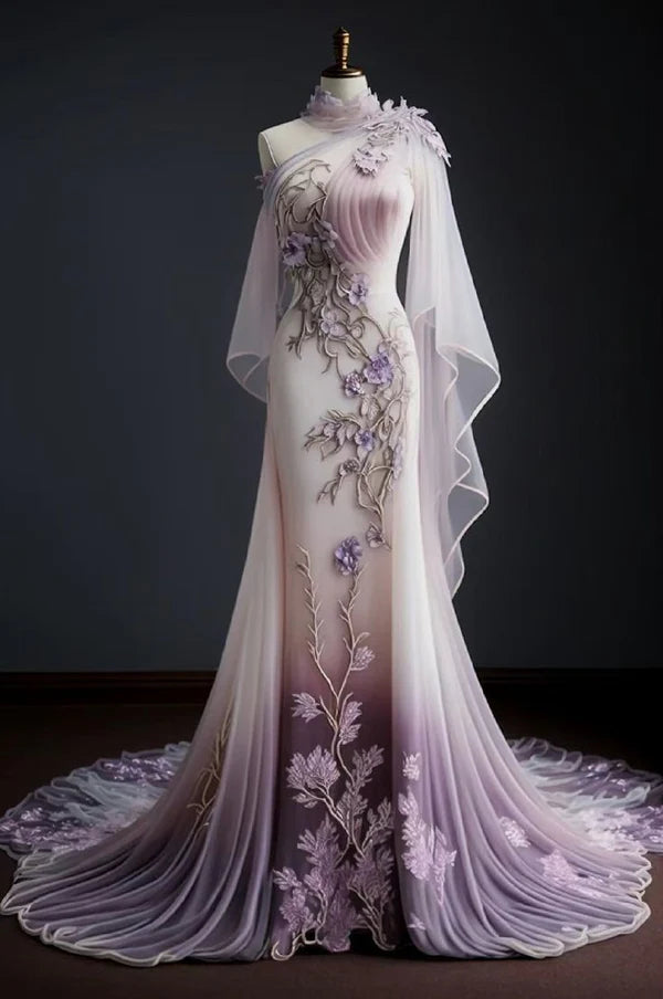 Robe de soirée longue en tulle rose violet, magnifique, style rétro, asymétrique, élégante, florale, coupe slim, style sirène, longueur au sol, robe de bal gh3701