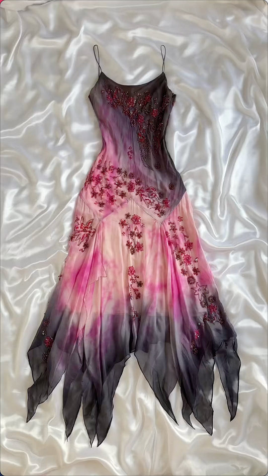 Pink Gradient Gorgeous Lightweight Exquisite Beaded Spaghetti Strap Long Chiffon Ball Gown Evening Gown Party Dress gh3339