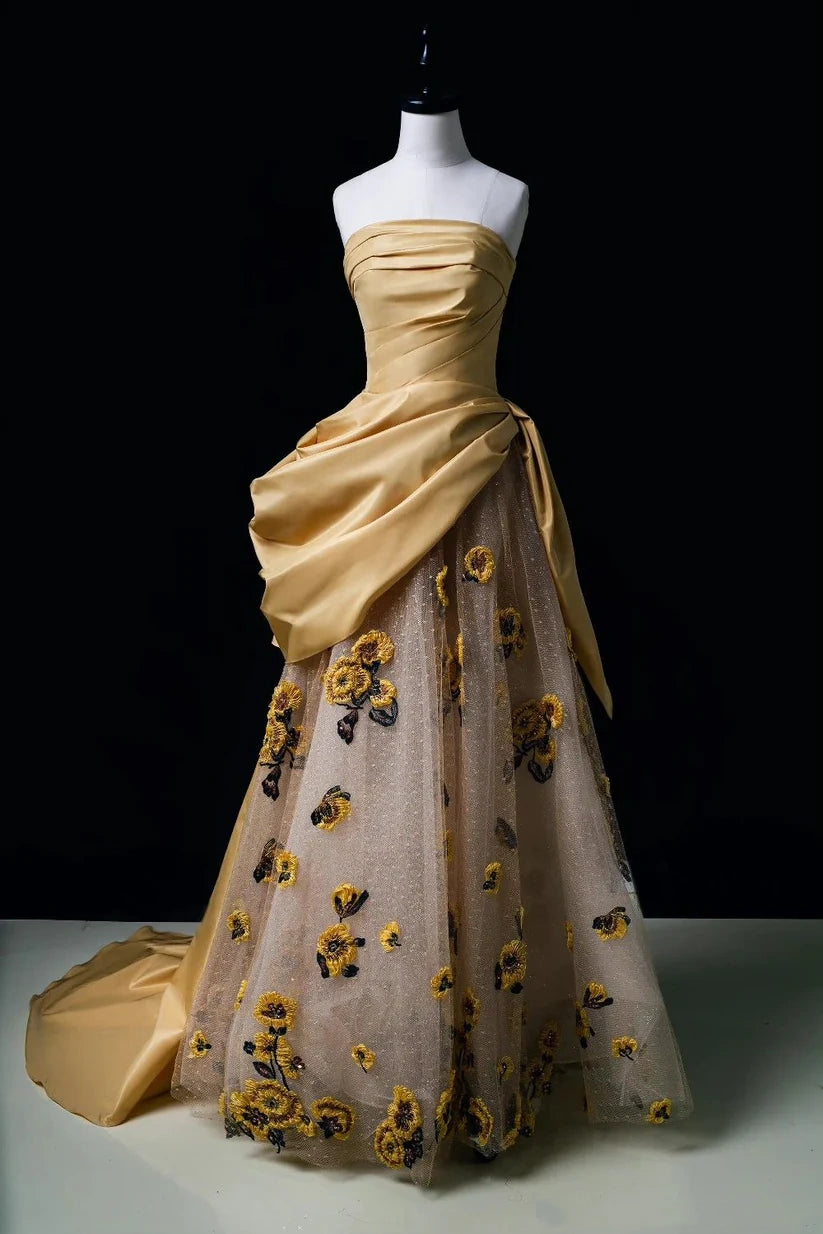 Girlhomeshops-Gelb geblümtes Retro-glänzendes süßes langes Ballkleid Abendkleid gh5339