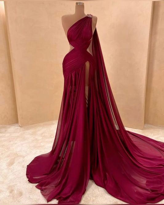 Girlhomeshops-Plum color fashionable one-shoulder sexy elegant long chiffon Prom Dress evening dress gh5039