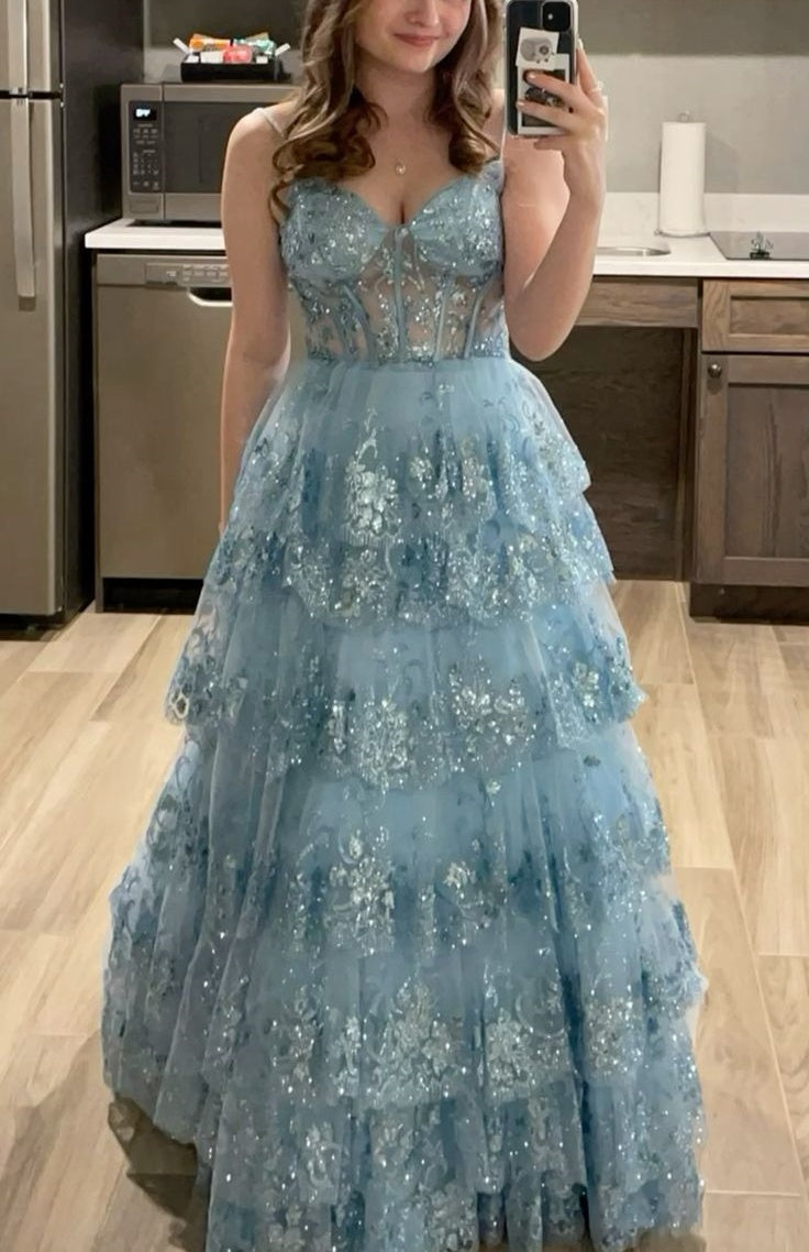 girlhomeshops-Grau/Blau Langes Prinzessinnen-Abschlussballkleid mit glitzernden Pailletten und langem Tüll gh5925