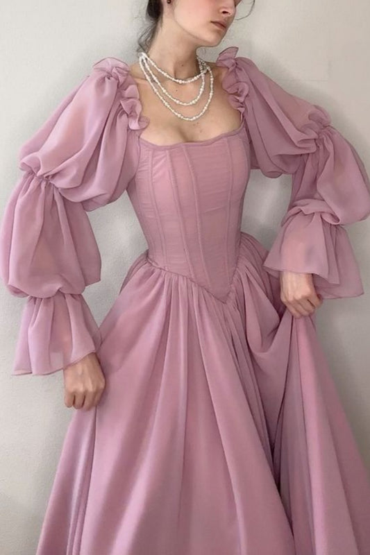 girlhomeshops-Retro, elegantes, fließendes A-Linien-Ballkleid aus Chiffon mit langen Ärmeln und Korsett gh5754