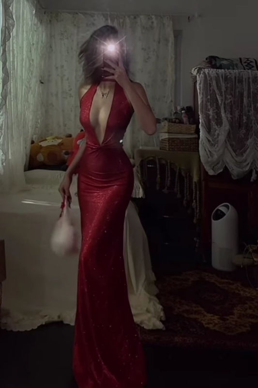 Girlhomeshops-Rotes, modisches, sexy V-Ausschnitt, langes Satin-Ballkleid, Abendkleid, Geburtstagspartykleid, gh5380