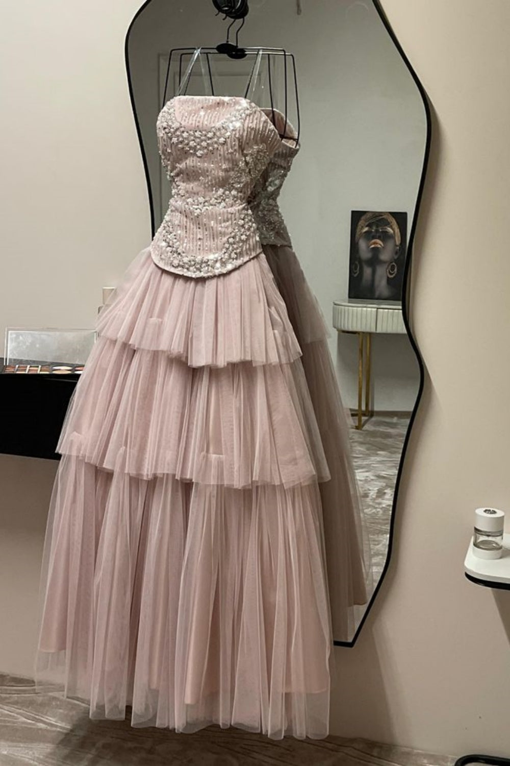 Pink, Delicately Beaded, Long Tulle Formal Evening Gown gh6718