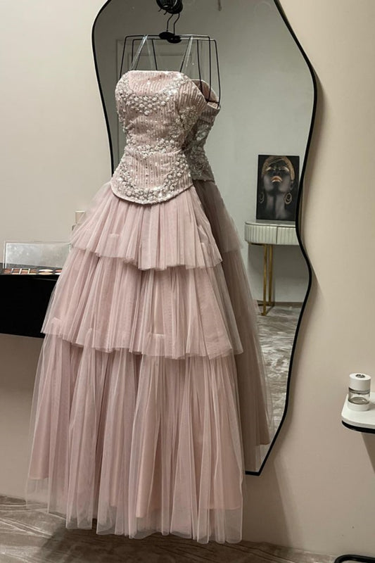 Pink, Delicately Beaded, Long Tulle Formal Evening Gown gh6718