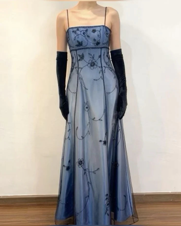 Blue Delicate Beaded Long Tulle Elegant Ball Gown Evening Dress Formal Birthday Party Dress Prom Dress gh3611