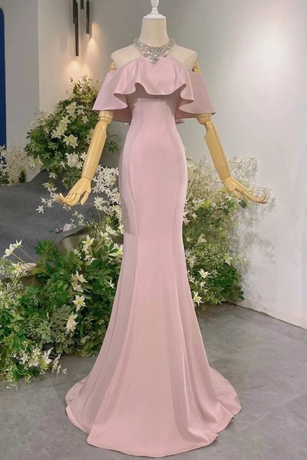 Off-Shoulder Halter Pink Satin Mermaid Gown | Luxury Elegant Ruffle Train Maxi Dress for Gala Ball gh6482
