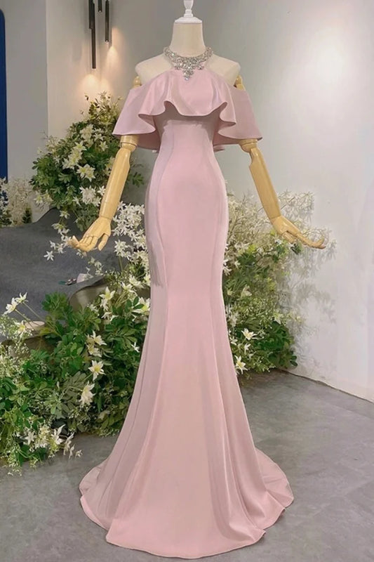 Off-Shoulder Halter Pink Satin Mermaid Gown | Luxury Elegant Ruffle Train Maxi Dress for Gala Ball gh6482