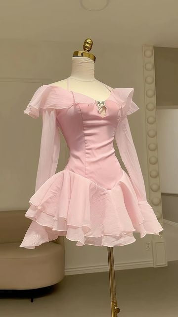 Robe de soirée courte en mousseline rose à volants, robe d'anniversaire gh4625