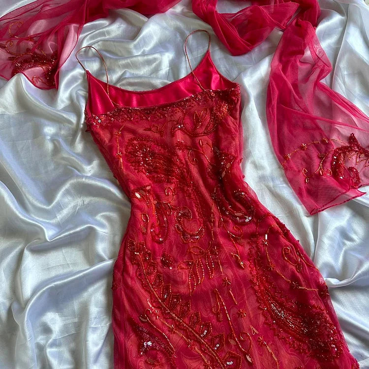 Red fashion elegant exquisite beaded spaghetti straps long ruffled chiffon ball gown evening dress party dress gh3477