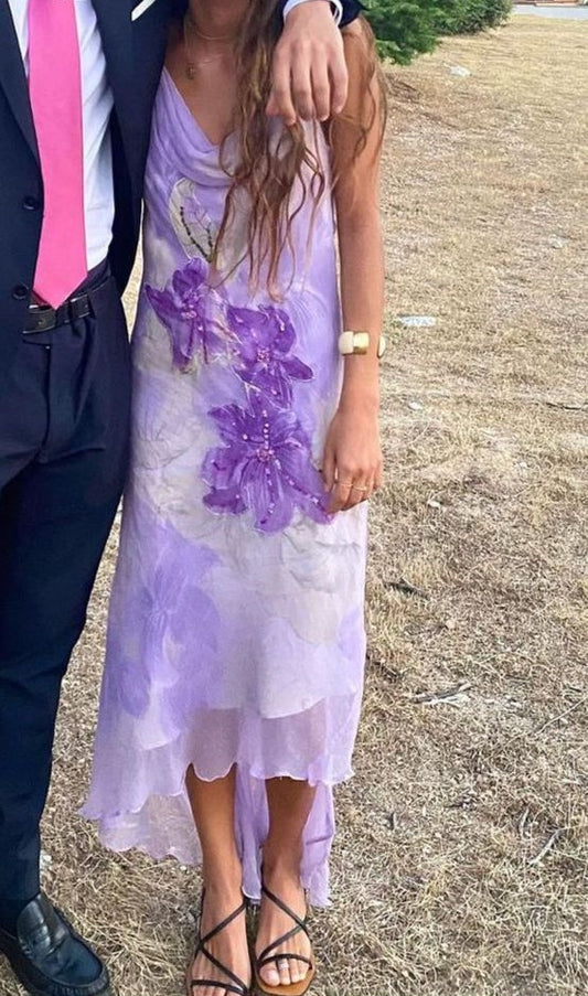 girlhomeshops-Lila ärmelloses Chiffon-Midi-Ballkleid mit Blumendetails gh5819