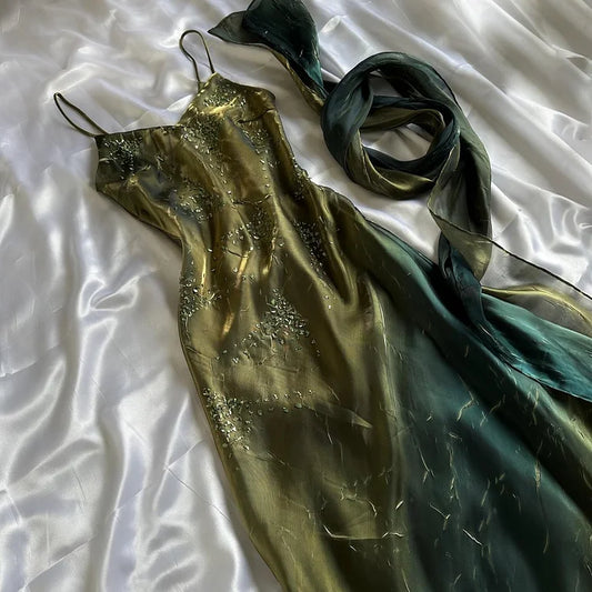 Robe de soirée longue en mousseline de soie, élégante et verte, ornée de perles, gh4235