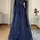 Robe de soirée élégante en tulle et dentelle, style vintage, bleu marine, sans bretelles, coupe trapèze, longue, gh3616