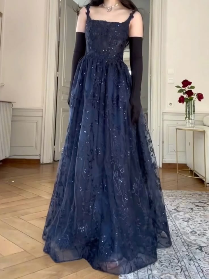 Robe de soirée élégante en tulle et dentelle, style vintage, bleu marine, sans bretelles, coupe trapèze, longue, gh3616