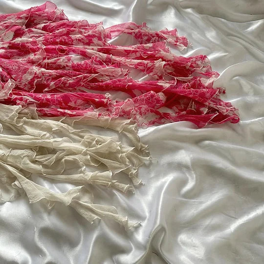 Robe de soirée élégante en mousseline de soie, longue, à volants, avec perles, motif floral, rose et blanc, gh3718