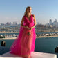 Pink V-neck contrast color long shoulder strap tulle long ball gown prom dress evening dress gh3067