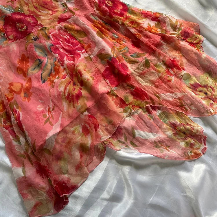 Robe de soirée longue en mousseline de soie, élégante et orange, motif floral, gh4236