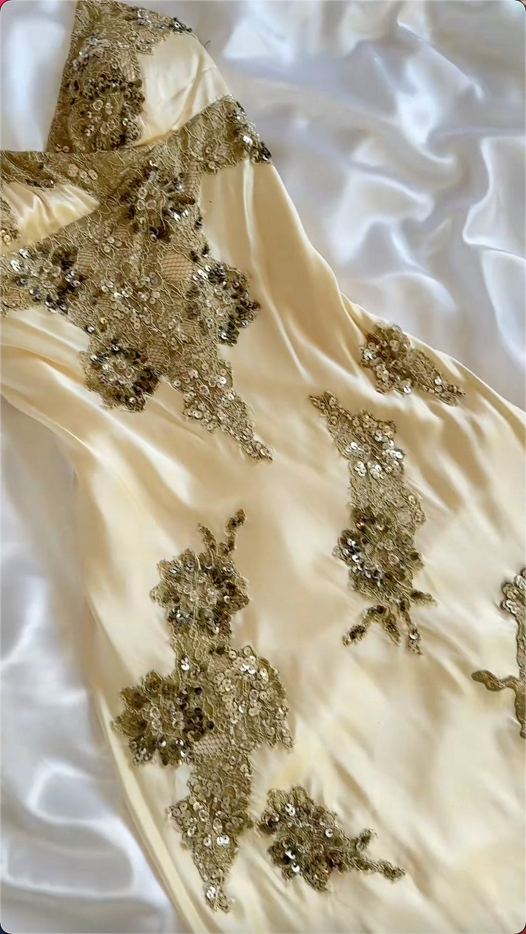 Robe de soirée longue en satin couleur champagne, magnifique, exquise, en dentelle perlée, bretelles spaghetti, robe de bal, robe de soirée gh3511