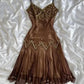 girlhomeshops-Vintage Coffee Brown Gold Hand-Embroidered Short Spaghetti Strap Wave Hem Evening Dress gh6008