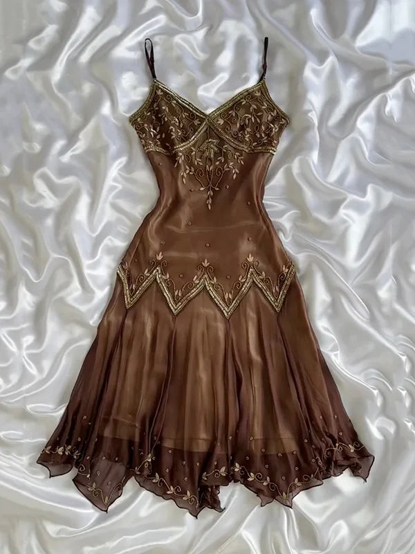 girlhomeshops-Vintage Coffee Brown Gold Hand-Embroidered Short Spaghetti Strap Wave Hem Evening Dress gh6008