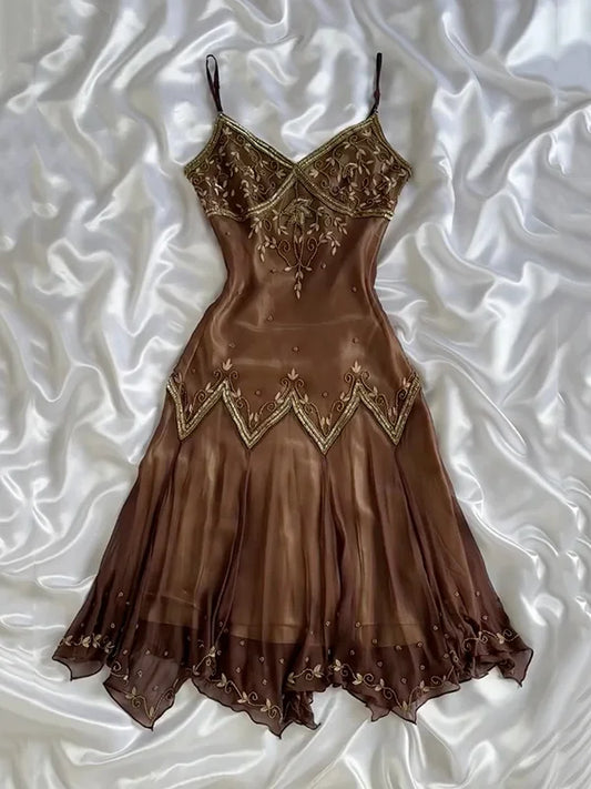 girlhomeshops-Vintage Coffee Brown Gold Hand-Embroidered Short Spaghetti Strap Wave Hem Evening Dress gh6008