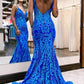 Blue shiny V neck bodycon long elegant sequin ball gown evening dress gh2720