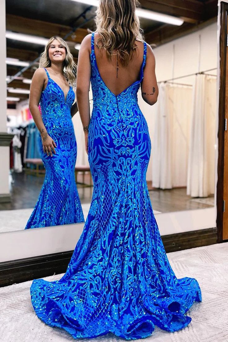Blue shiny V neck bodycon long elegant sequin ball gown evening dress gh2720