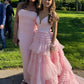 Pink sweet fashion V-neck elegant long tulle floor-length trailing ball gown evening dress prom dress gh3791