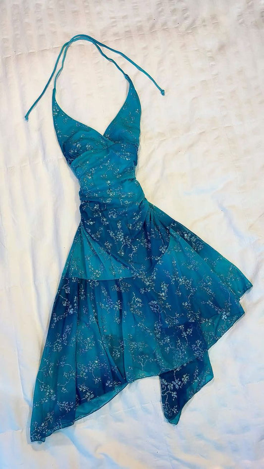 girlhomeshops-VVintage Teal Floral Halter Neck Asymmetric Ruffled Short Party Dress gh6015