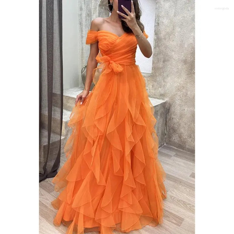 Robe de soirée longue en tulle à volants, élégante et violette, ligne A, robe de soirée gh2783