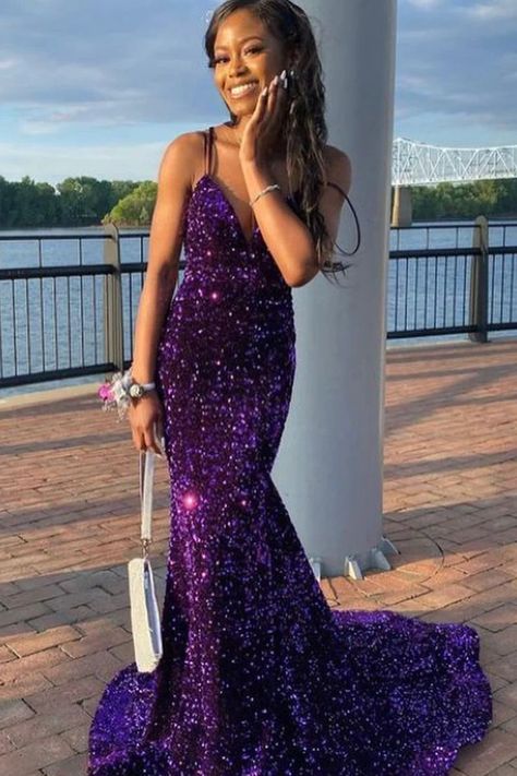Robe de soirée longue et sexy à paillettes, dos nu, traîne longue, violette, brillante, gh3927