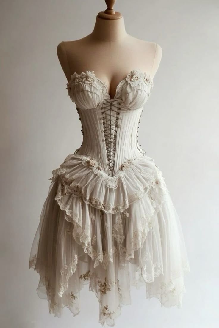 White Strapless Lace-Up Lace Panel Puffy Mini Dress gh6395