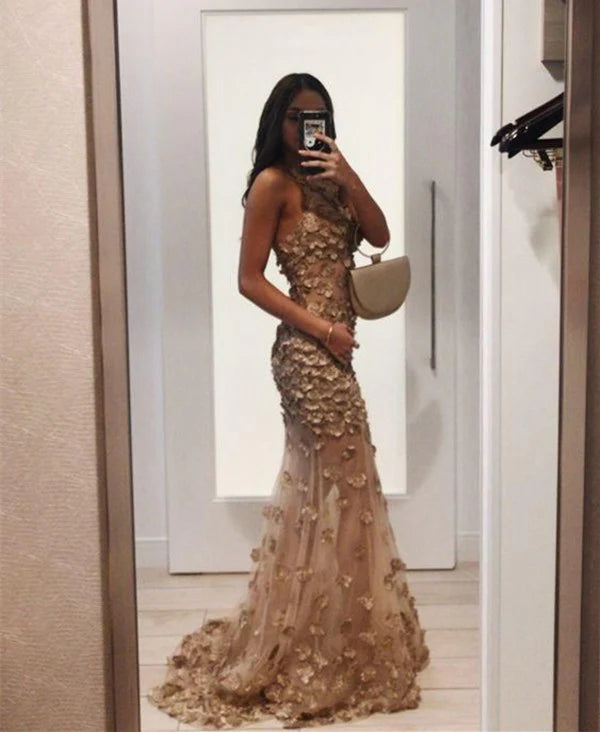 Champagne Gorgeous Elegant Exquisite Floral Appliques Long Mermaid Slim Ball Gown Sleeveless Tulle Prom Dress See-through Evening Dress Wedding Engagement Party Dress gh3667