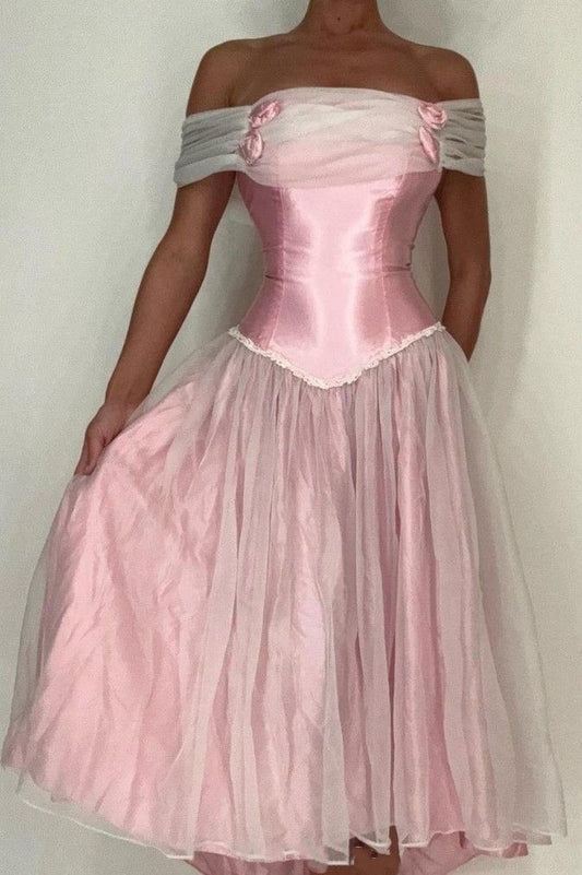 girlhomeshops--Pink Homecoming Dress Vintage Off-the-shoulder Satin Tulle Short Birthday Dress gh5729