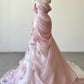 Pink Gorgeous Exquisite Floral Long Pleated Tulle Floor-Length Train Ball Gown Evening Gown Wedding Dress gh3271