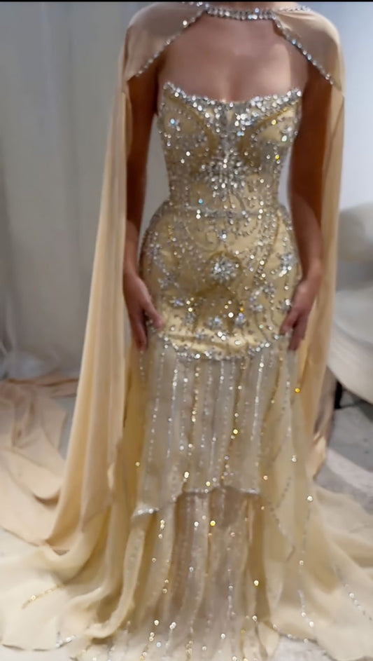 Sleeveless Champagne Rhinestone Mermaid Gown | Luxury Elegant Cape Train Maxi Dress for Gala Ball gh6458