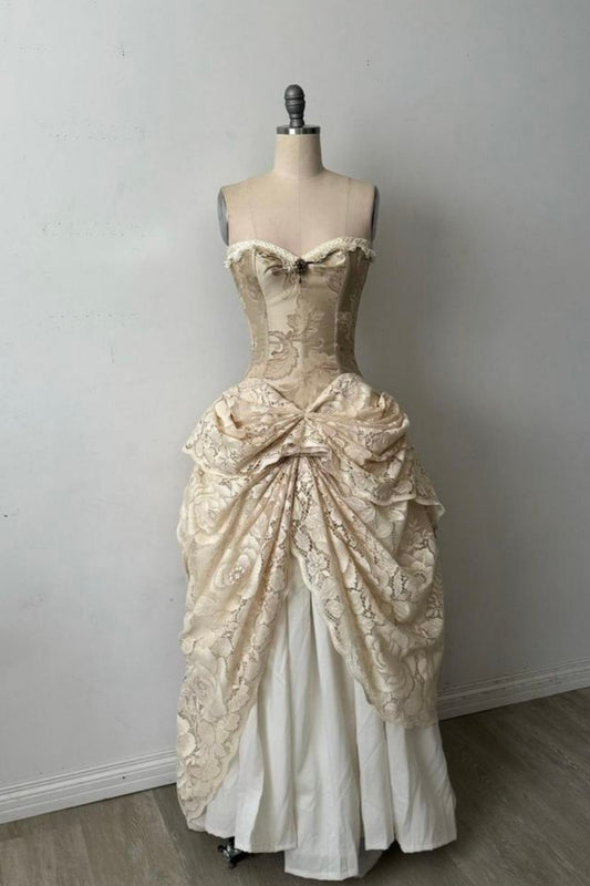 Sleeveless Champagne Lace Corset Dress | Vintage Luxury Bow Midi Gown for Gala Ball gh6463