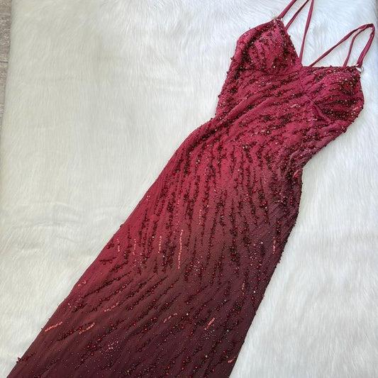 Red gorgeous fashion exquisite beaded spaghetti straps long chiffon party dress prom dress evening dress gh3265