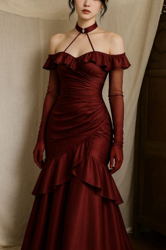 girlhomeshops-Burgundy ruffled sling long satin prom dress mermaid dress tight dress gh5762