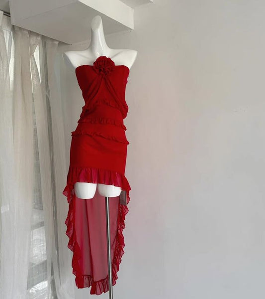 Red floral ruffle short chiffon homecoming dress birthday party dress gh4585