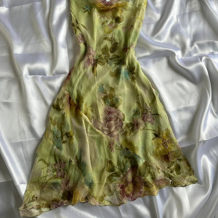 Robe de soirée longue en mousseline de soie, élégante et florale, verte, avec perles, gh4233