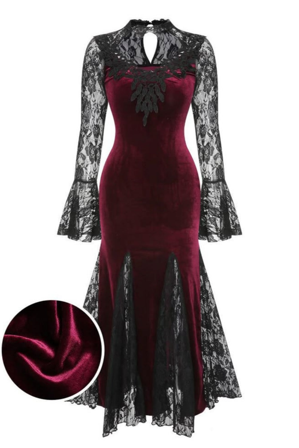 girlhomeshops-Burgunderrotes, langärmliges Gothic-Spitzenkleid aus Samt, Ballkleid, Abendkleid gh5813