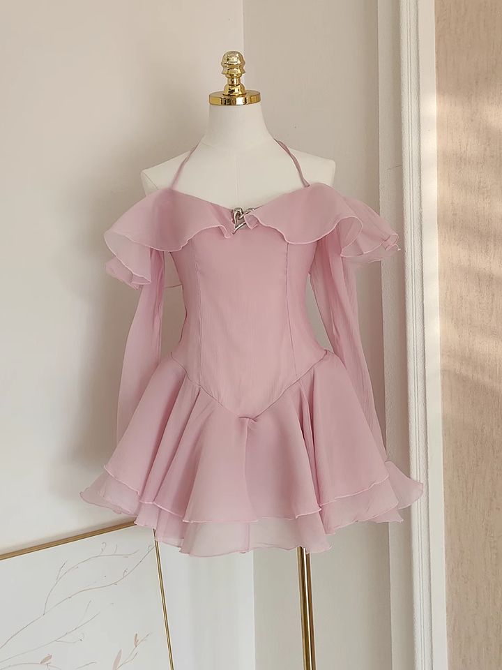Robe de soirée courte en mousseline rose à volants, robe d'anniversaire gh4625