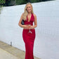 Red Simple Elegant V-neck Two-piece Long Mermaid Slim Satin Evening Dress Party Dress Wedding Guest Dress gh3139