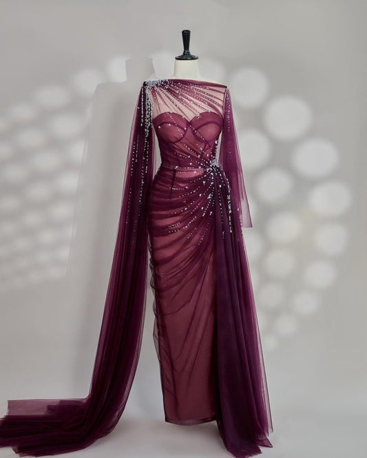 Girlhomeshops - Schwarz/Weinrot/Hellbraun Exquisite Perlenbesetzter Herzausschnitt Langes Tüll-Ballkleid Abendkleid Partykleid gh5386