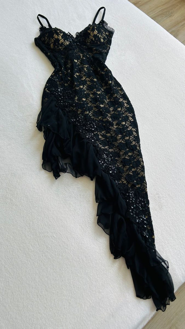 Schwarzes, modisches, exquisites Spitzenkleid mit langen Rüschen, Ballkleid, Abendkleid, Partykleid gh3283