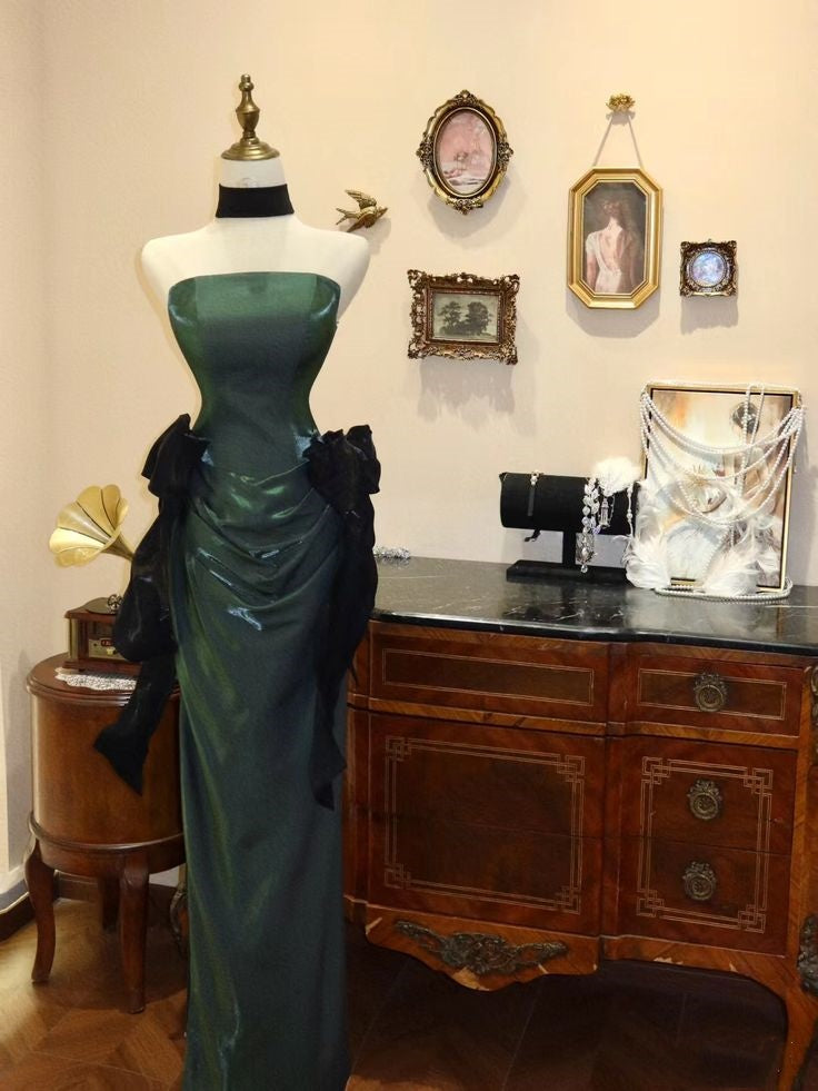 Green gorgeous vintage fashion elegant long slim satin ball gown evening dress party dress prom dress gh3650
